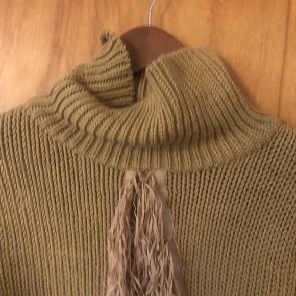 Boho Western Tan Cropped fringe chunky knit mockneck sweater Fall Winter cowgirl - Picture 7 of 10